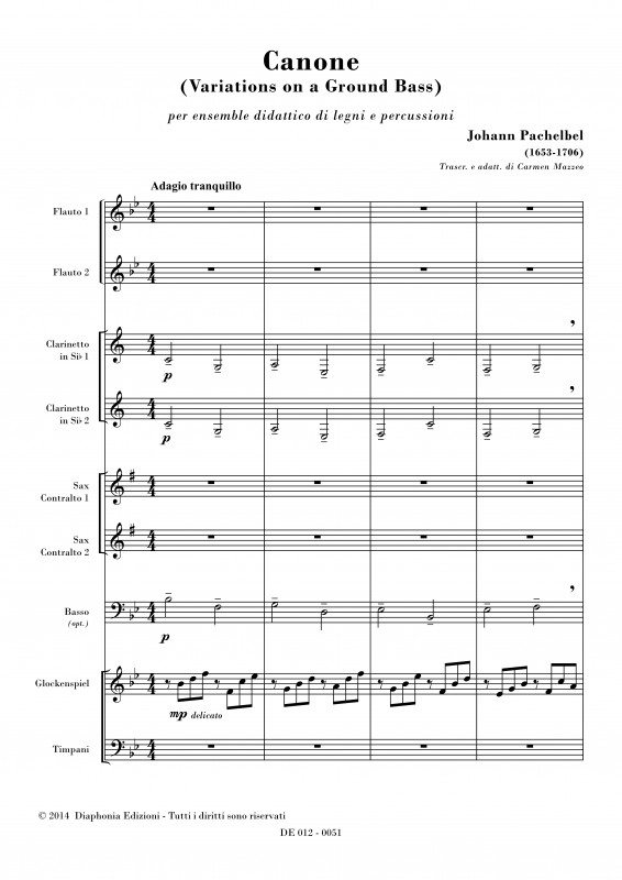 Canone J Pachelbel Per Ensemble Didattico Di Legni E Percussioni Diaphonia Edizioni